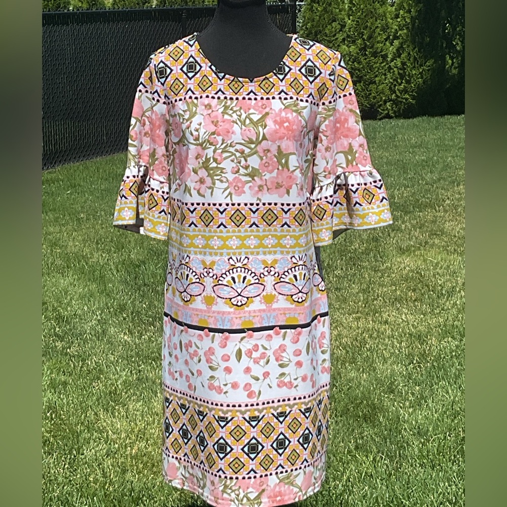 Nicole Miller Pink Pastel A-line Dress with Ruffled Sleeves.